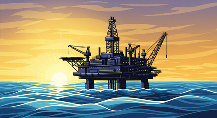 Offshore oil rig standing tall in the ocean at sunrise, illustrating energy exploration and fossil fuel extraction with vibrant vector art and sunbeams.