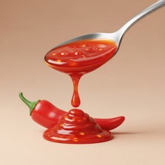 Vibrant shot of chili sauce being poured from a spoon onto chili peppers on a neutral backdrop