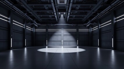 Empty square room with dark architecture Interior visualisation of a industrial or science fiction building