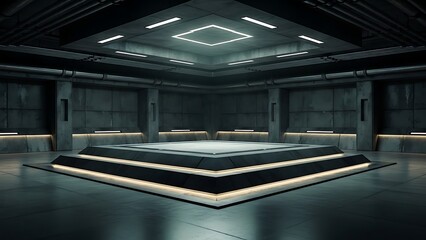 Empty square room with dark architecture Interior visualisation of a industrial or science fiction building