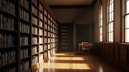Empty square room with Narrow university library aisle with tall shelves, wooden flooring and bright sunlight shining through windows. Dark reading corner with empty desk