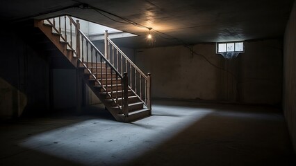 Empty square room with The stairway in the dark basement