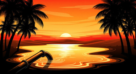 Industrial pipe discharging into a glowing orange water at sunset, with silhouetted palm trees framing a dramatic tropical vector landscape.