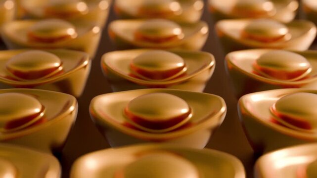 A 3d animation of the camera glides forward with mechanical precision, hovering just inches above perfectly straight rows of golden yuan bao or sycee.
