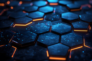 Abstract hexagonal background with glowing orange neon lights and dark blue texture