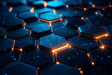 Abstract hexagonal background with glowing orange neon lights and dark blue texture