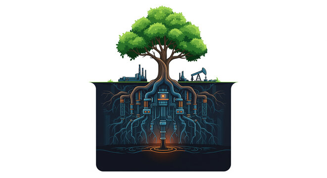 A vibrant green tree growing with its roots as a complex network of industrial pipes and machinery, flanked by factories and an oil pump, symbolizing natural resources and energy infrastructure.
