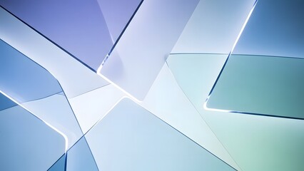 Dynamic abstract background featuring luminous overlapping transparent geometric glass panels in cool blue and green tones, creating a modern and futuristic design element
