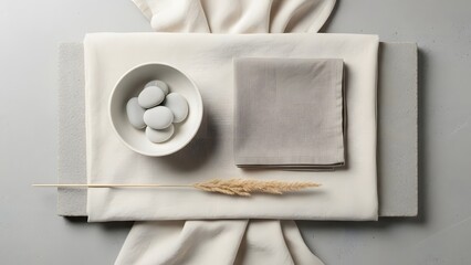 Serene minimalist flat lay. Natural textures, soft neutral fabrics, smooth grey stones in a bowl, dried botanical element. Calming and harmonious aesthetic
