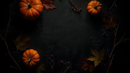 Vector illustration of a festive Halloween background featuring a pumpkin frame with orange autumn leaves, gourds, and harvest vegetables for a seasonal October holiday decoration