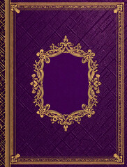 a purple book cover with golden borders, featuring an empty decorative frame in the center for text or design elements. the background is plain and textured to resemble fine fabric
