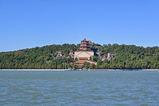 The Fragrant Buddha Pavilion at the Summer Palace in Beijing, China, and the scenery of Kunming Lake.