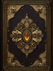 illustration of an ornate leather book cover with gold and black, embellished gem in the center, fantasy style, digital art