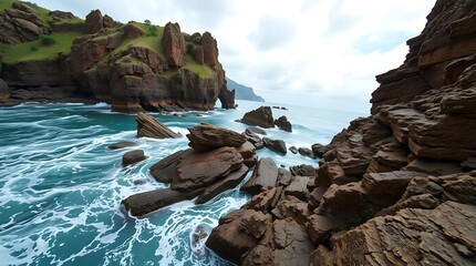 Dramatic rocky coastline with jagged cliffs and turquoise ocean waves crashing against the shore under a cloudy sky