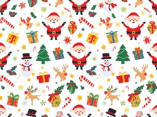 Fototapeta premium Seamless Christmas pattern with Santa Claus, reindeer, gifts, trees, and festive icons on white background, perfect for holiday wrapping, textile, and wallpaper