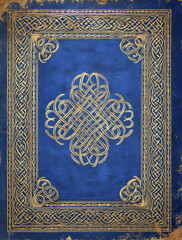blue book cover with golden celtic knotwork borders, old paper texture background.