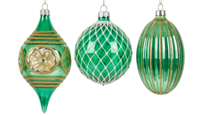 Three green and gold Christmas ornaments on black background