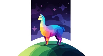 Obraz premium Stylized colorful alpaca stands atop a rolling hill against a starry night sky