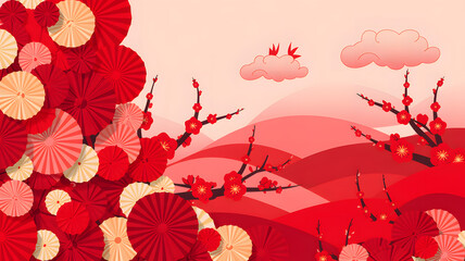 Festive background with red paper fans plum blossoms and rolling landscape with 