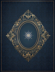 dark blue background with a golden ornamental oval frame and a decorative pattern in the center, with an illuminated star on top.