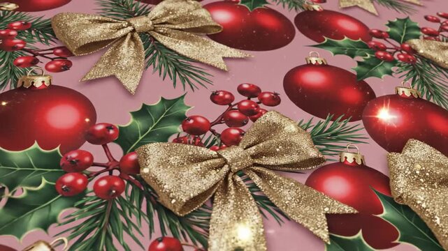 Festive Christmas Ornament Pattern - A close-up shot captures a vibrant pattern of red Christmas ornaments, glistening golden bows, and sprigs of evergreen and holly berries against a light pink