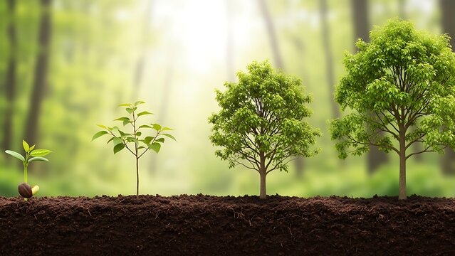 Four trees growing from seed to maturity in soil growth seedlings forest
