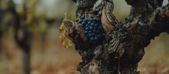 A cluster of ripe grapes hanging from an old, gnarled vine in a vineyard during harvest season