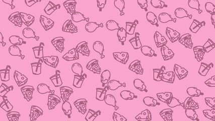Pink background with drawings of pizza, fried chicken, and drinks. Suitable for restaurant menus, food blogs, or social media posts.