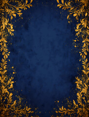 dark blue background with a golden floral ornament frame, old paper texture, and a vintage pattern.