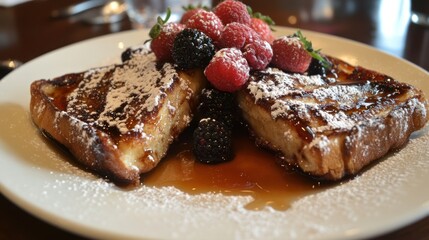 Delicious French Toast topped with fresh berries and powdered sugar, a perfect breakfast or brunch treat