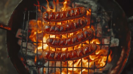 Sizzling juicy sausages cooking over a vibrant open flame on an outdoor barbecue grill, perfect for a summer gathering or picnic