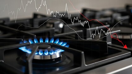 Gas stove with blue flame and declining stock market graph overlay