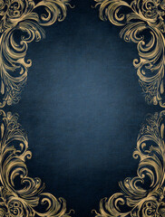 vintage background with ornate gold swirls framing the edges, on dark blue canvas paper.