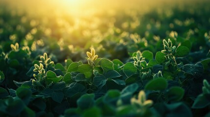 Field of young green plants bathed in golden sunrise light, symbolizing growth and agriculture