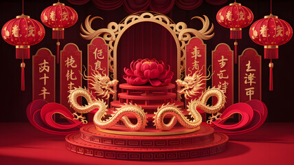 Vibrant traditional Chinese New Year display with golden dragons red lanterns an