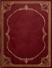 vintage blank book cover, burgundy background with golden decoration and frame around the edges