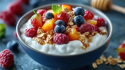 Delicious bowl of yogurt with fresh berries and granola, a healthy breakfast option