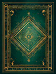 a green book cover with a golden design of an occult symbol in the center, symmetrical and centered on top of ornate borders around it.