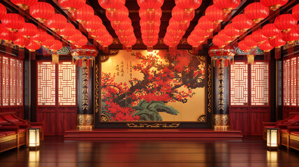 Beautiful traditional Chinese hall adorned with glowing red lanterns and a stunn