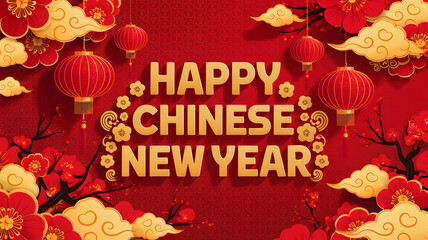 Vibrant red background with golden Happy Chinese New Year text ornate lanterns a