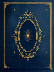 a blue book cover with an ornate golden frame, featuring the eye of a musician in the center, surrounded by stars and musical notes