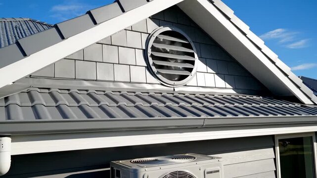 Modern House Exterior Detail - A close-up view showcases the architectural details of a modern house. The video features a gray tiled roof, light gray siding, and a circular vent on the gable, with
