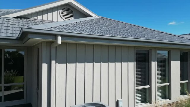 Modern Home Exterior Detail - A close-up shot showcases the exterior of a modern home, featuring gray metal roofing, light beige vertical siding, and gray gutters.