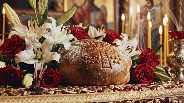 Coptic Easter background with traditional bread and flowers arranged on church altar