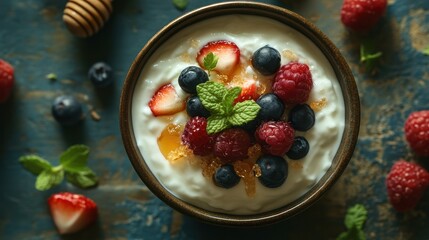A delicious bowl of creamy yogurt topped with fresh berries and a drizzle of honey, perfect for a healthy breakfast or snack