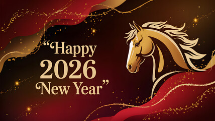Stylized golden horse and happy 2026 new year text on a festive red background