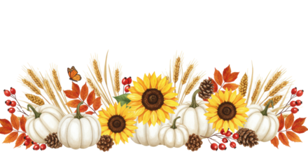 Watercolor of pumpkins, sunflowers, autumn leaves, wheat, pinecones, berries, butterfly as border on white copy space. Autumn harvest celebration atmosphere