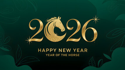 Luxurious golden 2026 Happy New Year Year of the Horse graphic design with green