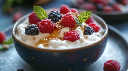Nutritious yogurt bowl with fresh raspberries, blackberries, golden honey, and flax seeds. A delicious, wholesome breakfast or refreshing healthy snack option