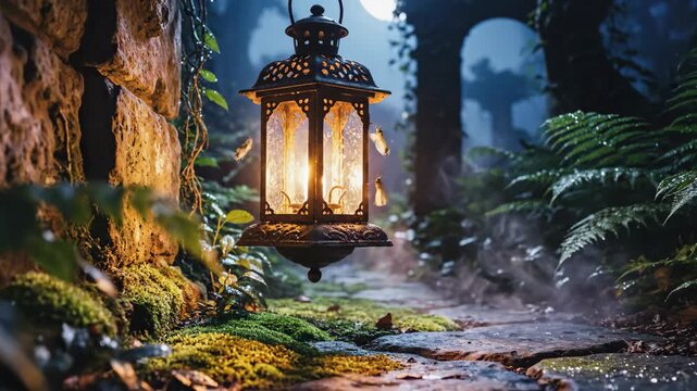 Enchanted Garden Lantern Scene - A dimly lit lantern hangs in an overgrown garden path, attracting moths to its warm glow. Mist drifts across the stone pathway and lush greenery surrounds the scene.